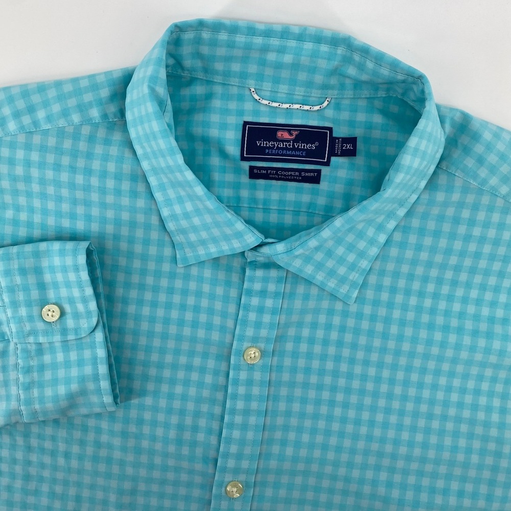 Vineyard Vines Cooper Shirt Mens 2XL Blue Gingham Slim Fit Performance Button Up